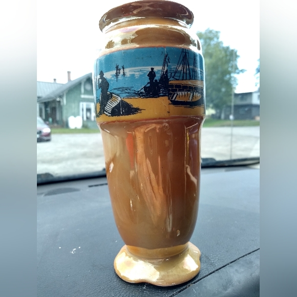 Two Orange Lustreware Vases, Noritake, Lancaster & Sons, Fishermen, Hanley UK - Picture 7 of 11